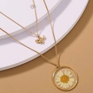 Dried Sunflower and Bee Charm Necklace